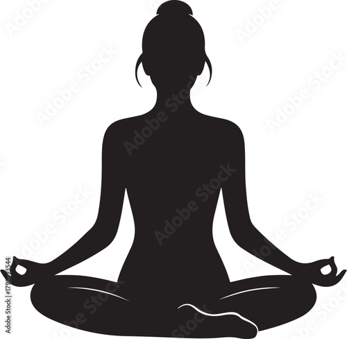 black silhouette of a woman seated in a meditation pose. Vector Black silhouettes. with white background
