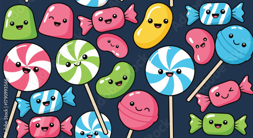 Flat vector seamless pattern of colorful candies, lollipops, and sweets with cute faces. Solid bright tones, no gradients, kawaii confectionery theme, perfect for packaging