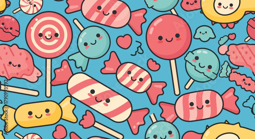 Flat vector seamless pattern of colorful candies, lollipops, and sweets with cute faces. Solid bright tones, no gradients, kawaii confectionery theme, perfect for packaging