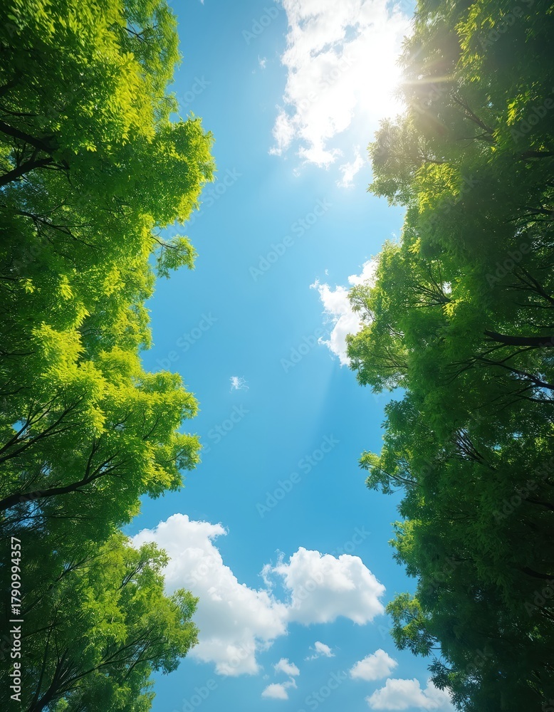 Obraz premium View upwards of trees with green leaves against sky background. Bright sunlight shines through foliage. Blue sky covered by white clouds. Summer nature scene.