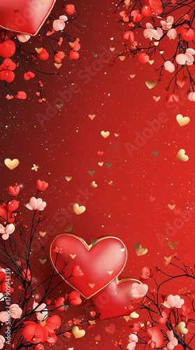 Romantic Valentine's Day Background with Red Hearts and Flowers for Festive Decoration