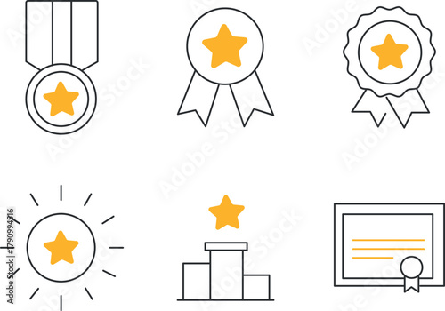 Award Icons Set with Medals, Ribbons, and Certificates in Minimal Line Style