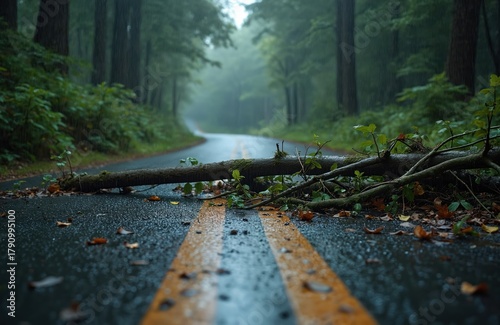 Wallpaper Mural Fallen tree blocks road after storm. Wet asphalt reflects rain. Forest path obstructed by trunk and branches. Climate change impacts natural disaster aftermath. Torontodigital.ca