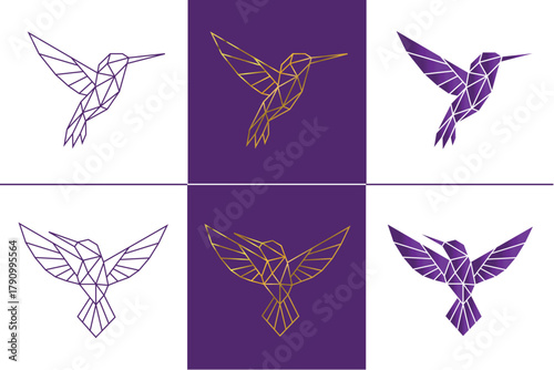 Elegant geometric hummingbird logo set in gold and purple tones. Perfect for premium branding, beauty salons, spas, wellness centers, boutiques, and luxury hotels looking for a modern, refined identit