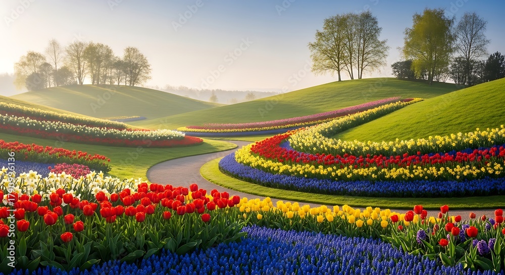 Naklejka premium Vibrant Tulip Fields in Rolling Hills at Sunrise.