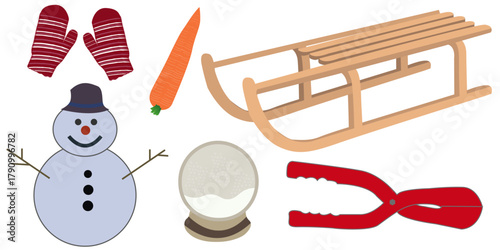 Winter snowman, sled, carrot nose, snow globe, gloves, toy vector illustration