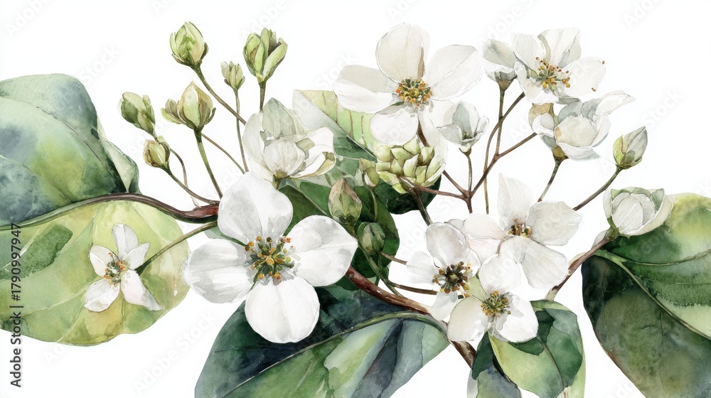 Fototapeta premium Delicate white flowers open on a lush branch showcasing natures beauty in a vibrant spring setting.