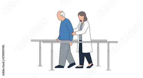 Physiotherapist assisting elderly man walk gait training physical therapy session, promoting recovery and well-being in a supportive healthcare environment