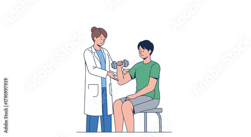 Physiotherapist helping man with arm strengthening exercise, regaining strength and mobility in a supportive environment for optimal recovery journey