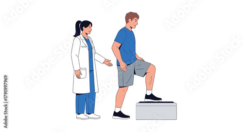 Physiotherapist or  doctor guiding man performing step exercise, modern medical care for athletes, physical therapy and wellness program, step aerobics