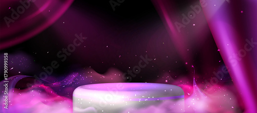 Glamorous Pedestal in a Dreamy Pink and Purple Setting. Purple stage award scene. Silver podium with purple luxurious silk draperies for interior decoration. Pink smoke background with neon particles