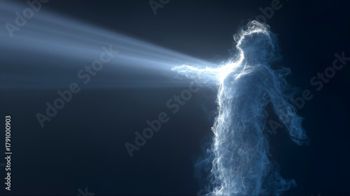 A human silhouette made of smoke rising with a beam of light, symbolizing the soul leaving the body in spiritual ascension