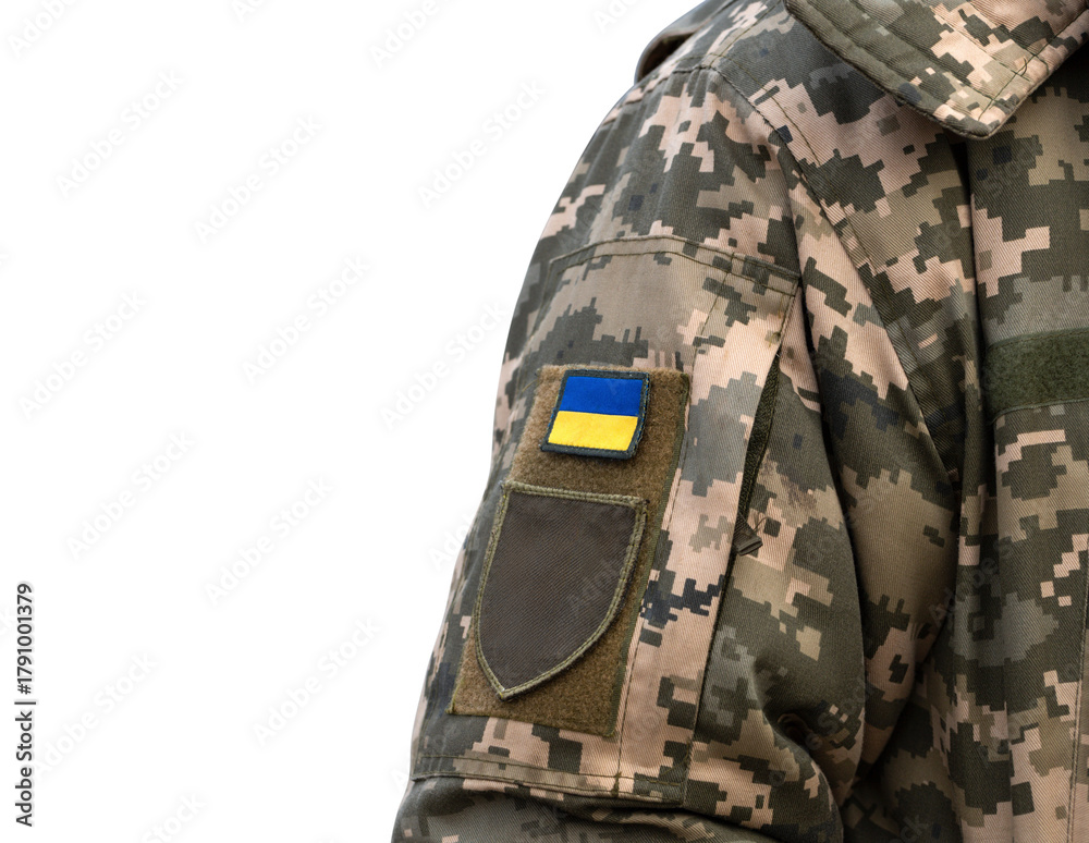 Fototapeta premium Ukrainian soldier in the army and flag, coat of arms with a golden trident on a military uniform isolated transparent or white background. Armed Forces of Ukraine.