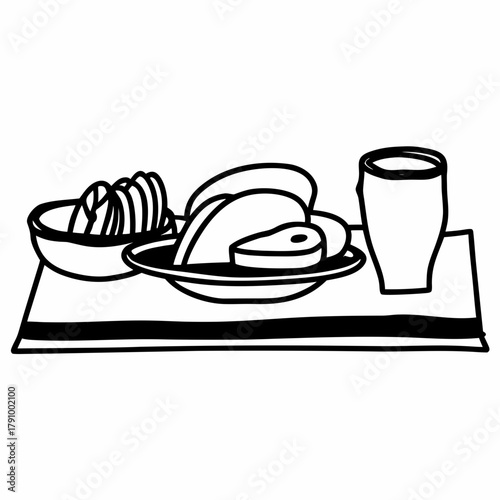 Simple meal with sliced meat, vegetables, and a drink on table  