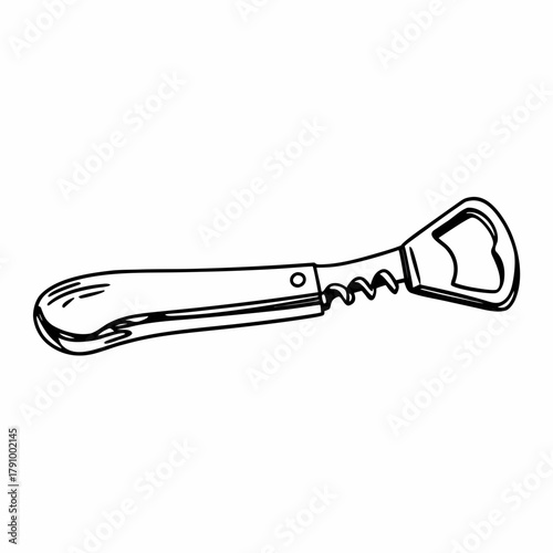 Bottle opener with corkscrew in simple line art style  