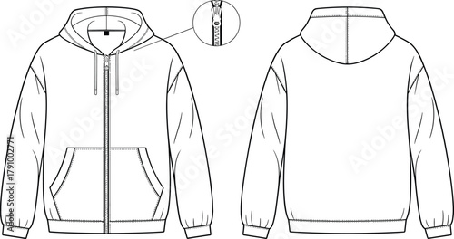 Front and back zip up hoodie technical fashion sketch, drawstring hooded sweatshirt with pocket and zipper detail, cad drawing flat vector illustration