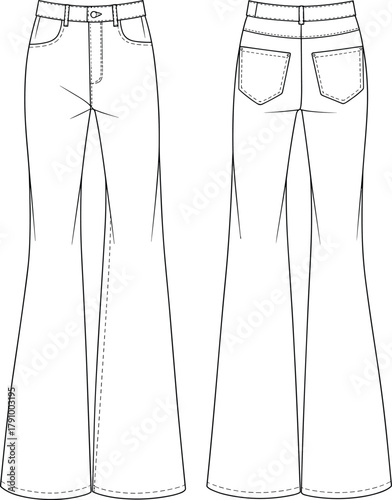 High waist flared jeans CAD drawing flat vector illustration, denim pants fashion technical sketch with front and back detailed view