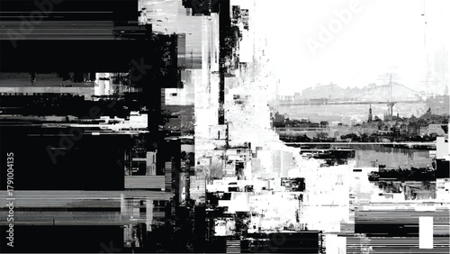 Abstract black and white city glitch art with digital data distortion effect isolated on white background, Vector, illustration.