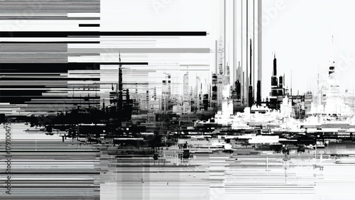 Glitched black and white cityscape with abstract digital art data distortion isolated on white background, Vector, illustration.