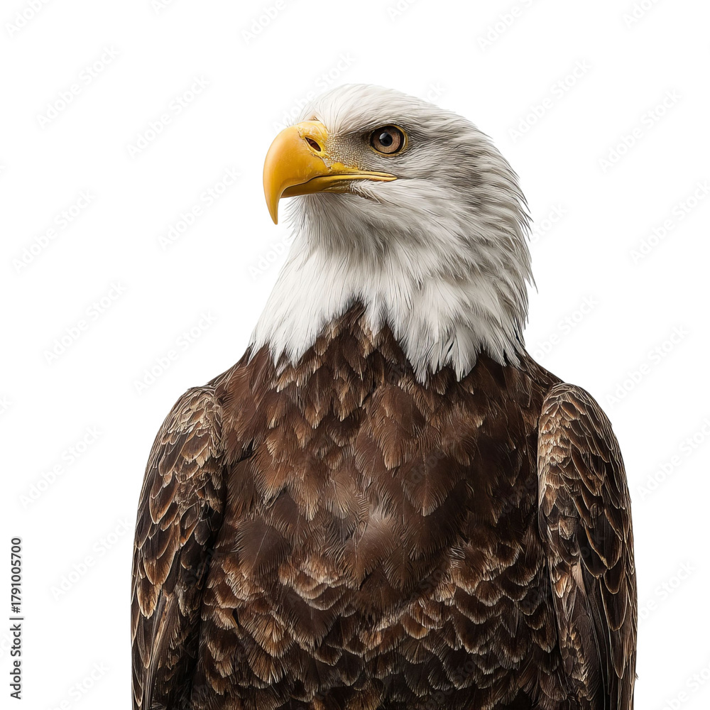 Obraz premium Png of majestic bald eagle portrait isolated on transparent background, showcasing its powerful gaze and impressive plumage