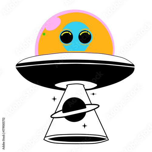 Colorful alien in a flying saucer spaceship illustration on white background, cute extraterrestrial UFO cartoon design for stickers, t-shirts, and digital art.
