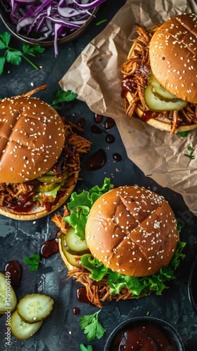 Wallpaper Mural Two juicy pulled pork sandwiches served with crunchy pickles, perfect for a casual meal or party Torontodigital.ca