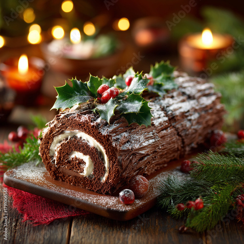 chocolate yule log with holly decoration