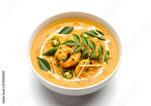 South Indian shrimp moilee curry in coconut milk sauce, golden yellow color with curry leaves, served in a white bowl, isolated on white background.