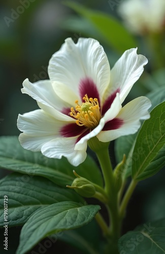 Sweetshrub Venus flower in bloom displays white petals with deep burgundy center details. Green leaves and stems surround this beautiful botanical specimen photo. Perfect nature garden plant art.
