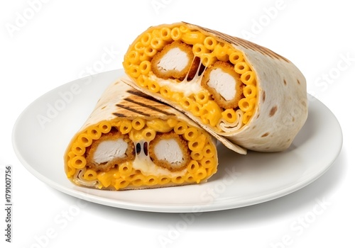 Large burrito filled with crispy chicken fingers and creamy macaroni and cheese, cut in half to show the filling, served on a white plate, isolated on white background.
