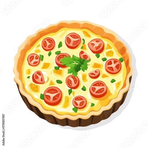 Quiche Lorraine illustrated in a clean 2D flat vector style, minimal and modern, isolated on a white background.