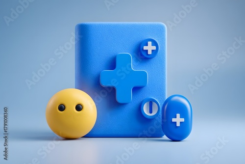 Blue plus sign icon with yellow smiley face on a light blue background