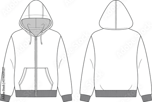 Hoodie front and back technical fashion flat sketch, sweatshirt with zipper and drawstring hood, apparel design outline, cad vector illustration