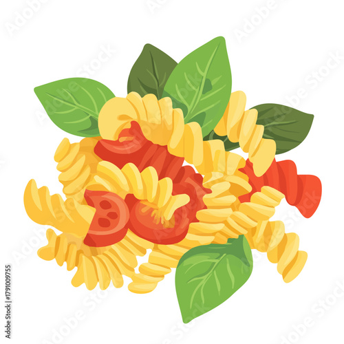 2D flat vector illustration of Pasta Primavera, clean and minimal icon style, isolated on white background.
