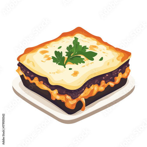 Simple flat 2D vector graphic of Moussaka, modern icon look, displayed on a pure white background.