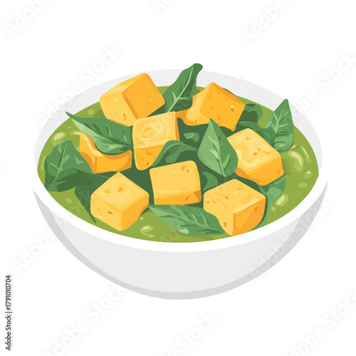 Minimal 2D vector illustration of Saag Paneer in flat icon style on a plain white background.