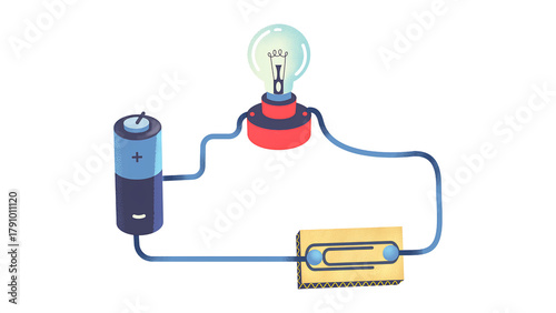 Flat Style Electric Circuit Diagram with Battery, Bulb, and Switch – Educational Physics Illustration
  