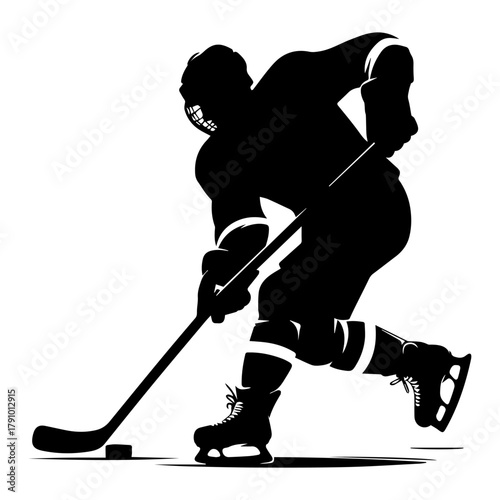 Black and white illustration of an attacking hockey player with a stick and puck on a white isolated background. Vector graphics. EPS.