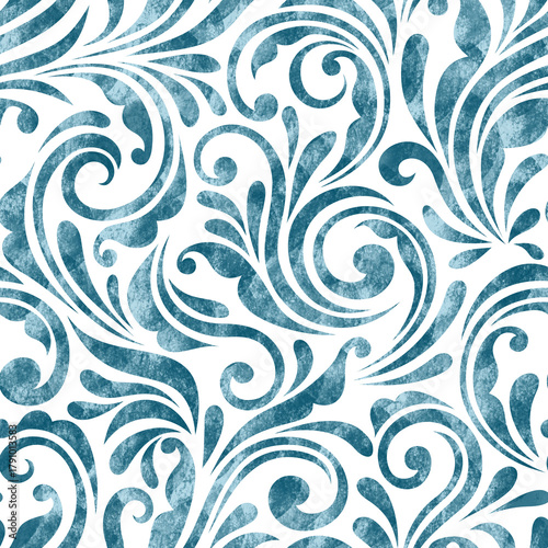 seamless pattern with blue flowers arabesque watercolor textured background colorful elegant decor design