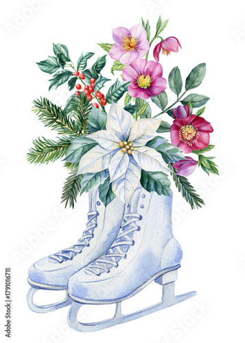 Watercolor ice skates white poinsettia holly leaves berries pink flowers winter botanical festive illustration for decor design
