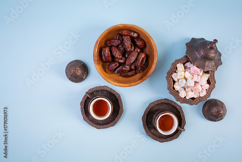 Traditional Turkish tea with dates and lokum for Ramadan Iftar