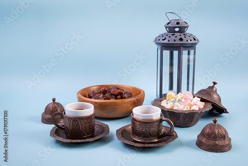 Traditional Turkish tea with dates and lokum for Ramadan Iftar