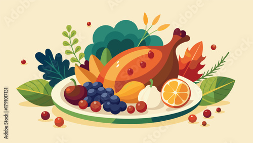 Thanksgiving greeting card featuring a turkey surrounded by colorful fruits, conveying festive holiday cheer..eps