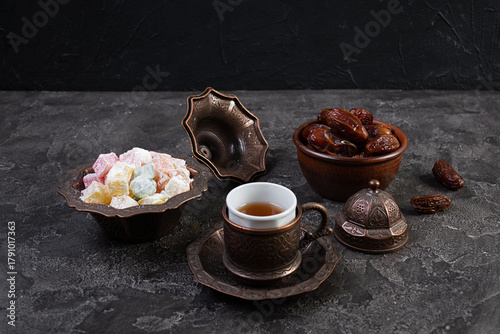 Traditional Turkish tea with dates and lokum for Ramadan Iftar
