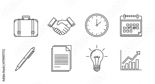 Black and white icons representing business concepts, including a suitcase, handshake, clock, calendar, pen, documents, light bulb, and rising bar chart.
