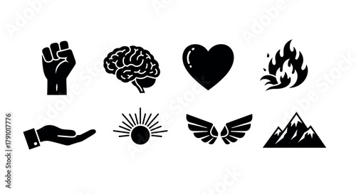 Eight black silhouette icons representing a fist, brain, heart, flame, hand, sun, wings, and mountains on a white background.