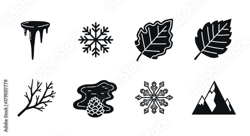 Black silhouette icons depicting nature elements including an icicle, snowflake, leaves, branch, pond with pine cone, and mountains.