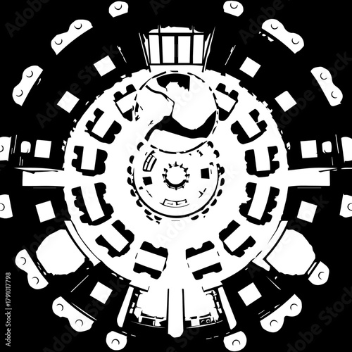 Futuristic Circular Mechanical Device with Gears and Components.