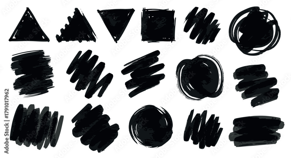 A collection of hand-drawn geometric shapes in black ink, featuring triangles, squares, circles, and abstract brushstrokes arranged in a grid pattern.
