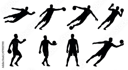 Silhouette collection of male athletes in various action poses with a ball, demonstrating dynamic movement and athletic skill.